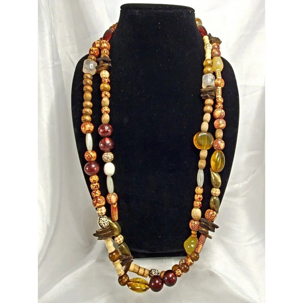 Boho Wood Necklace Chunky Bead Natural Tone Double Strand 16 inch Drop Vintage